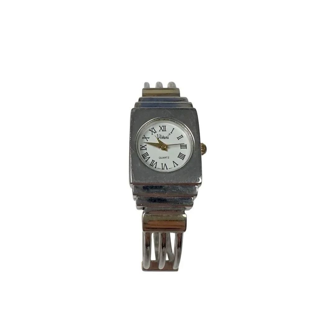 Vivani Quartz Hinged Cuff Wristwatch Silver Tone Roman Analog Vintage